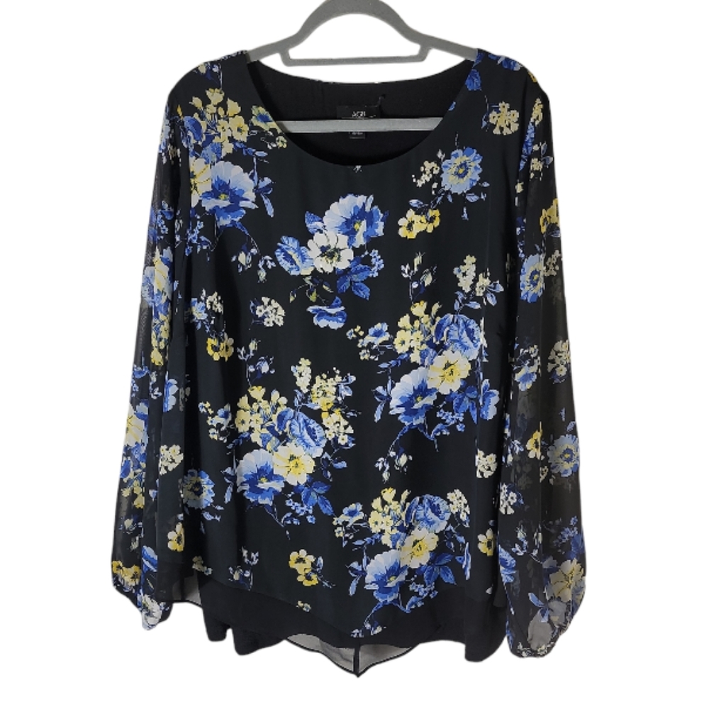 AGB plus size floral blouse scoop neck sheer sleeve black blue yellow women's 1X